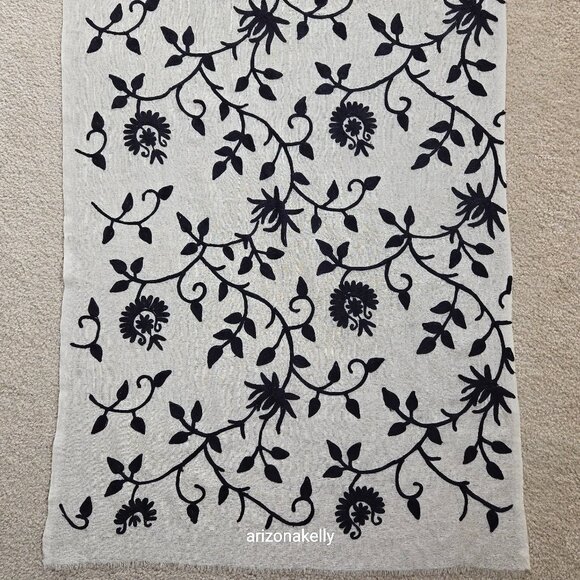 Ivory Wool Scarf with Black Chain Stitch Embroidery - Picture 1 of 14